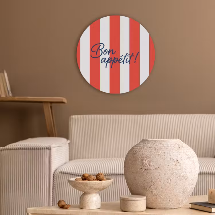 Eten - Spreuk - Keuken - Grafisch - Rood-Wit Akoestische PET Vilt - Rond klein -sfeer1