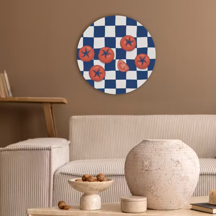 Eten - Tomaten - Keuken - Illustratie - Rood-Blauw Akoestische PET Vilt - Rond klein -sfeer1