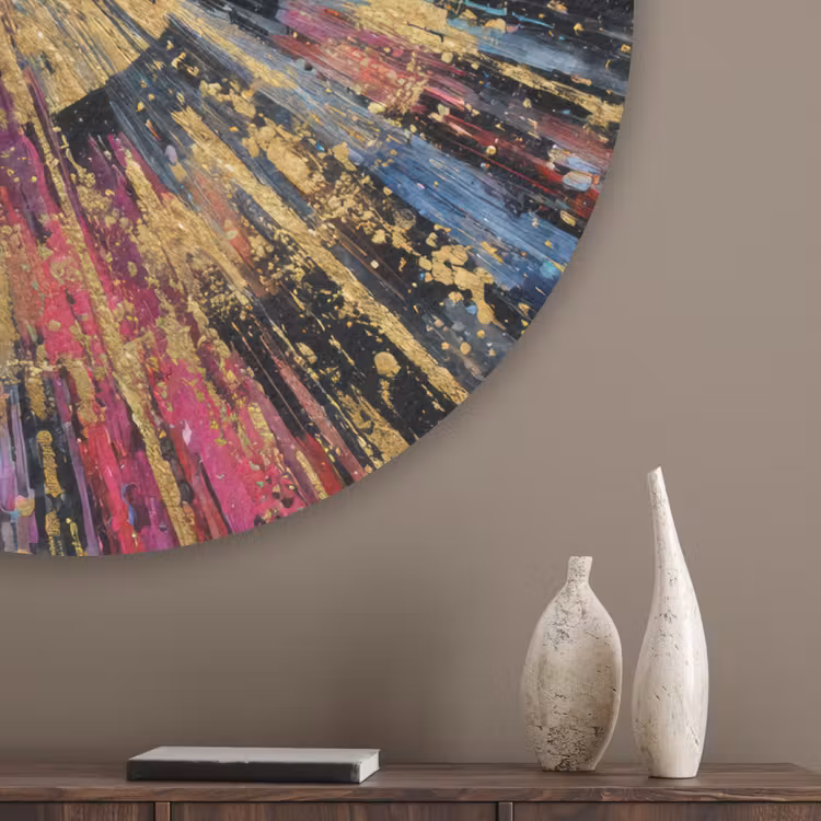 Explosie - Goud - Kleurrijk - Abstract Akoestische PET Vilt - Rond klein -sfeer5_closeup