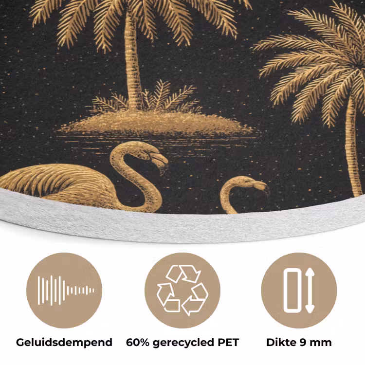 Flamingo - Palmbomen - Tropisch - Goud - Zwart Akoestische PET Vilt - Rond klein 838 -closeup_NL