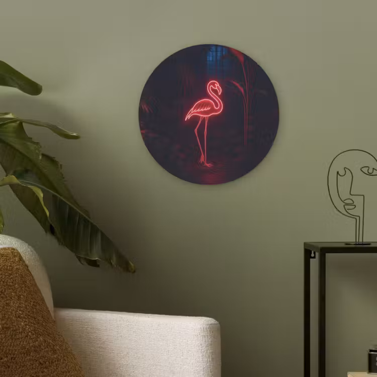 Flamingo - Roze - Neon - Licht Akoestische PET Vilt - Rond klein -sfeer2
