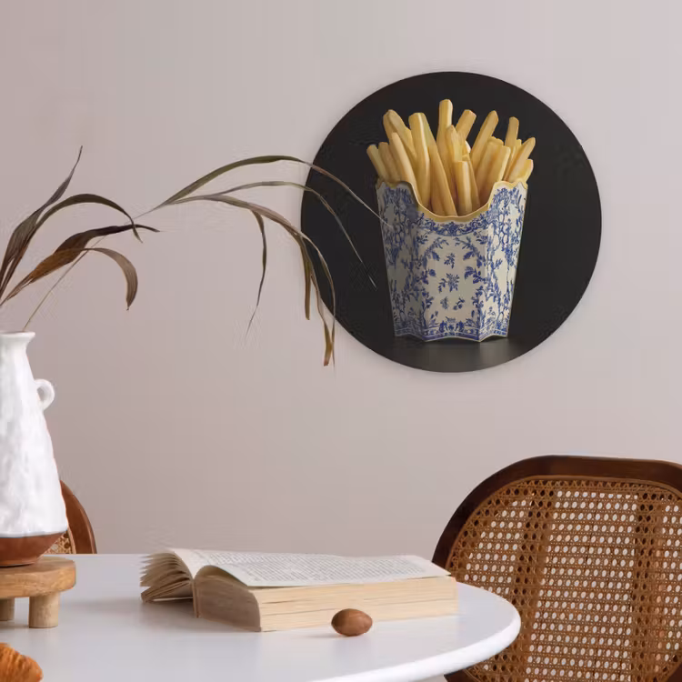 Friet - Porselein - Delfts blauw - Eten Akoestische PET Vilt - Rond klein -sfeer3