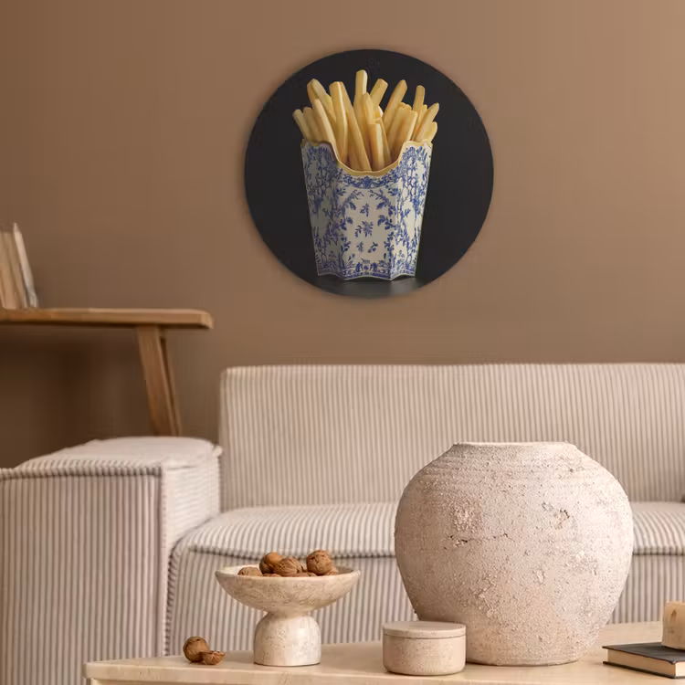 Friet - Porselein - Delfts blauw - Eten Akoestische PET Vilt - Rond klein -sfeer1