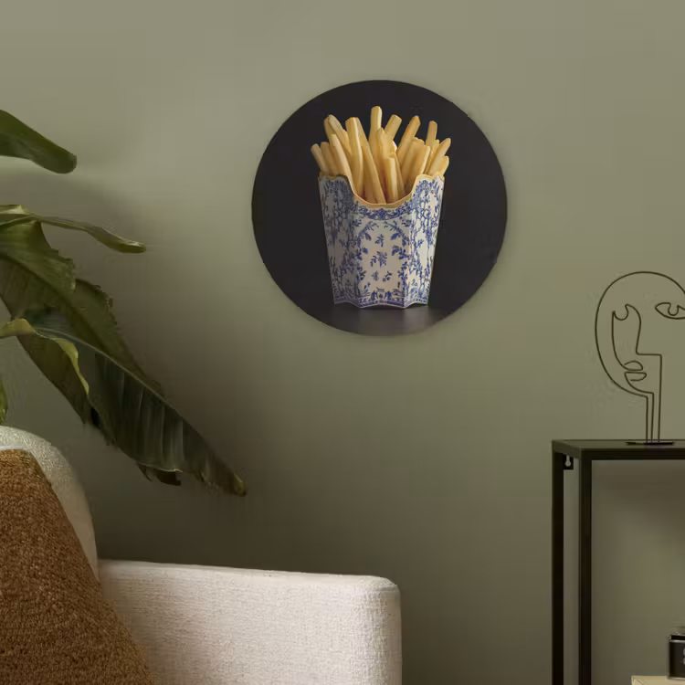 Friet - Porselein - Delfts blauw - Eten Akoestische PET Vilt - Rond klein -sfeer2