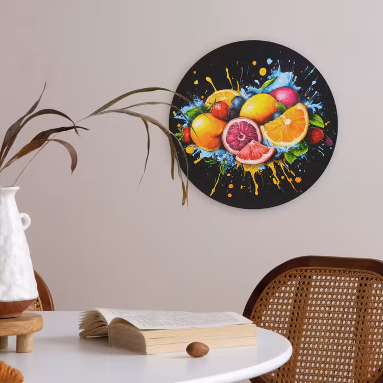 Fruit - Graffiti - Kleurrijk - Sinaasappel - Aardbei - Abstract Akoestische PET Vilt - Rond klein -sfeer3