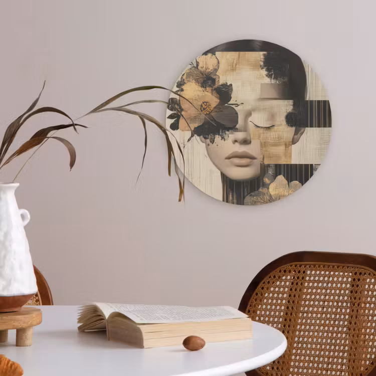 Gezicht - Bloemen - Zwart - Vrouw Akoestische PET Vilt - Rond klein -sfeer3