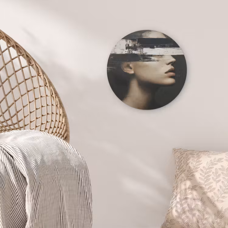 Gezicht - Vrouw - Zwart - Abstract Akoestische PET Vilt - Rond klein -sfeer4