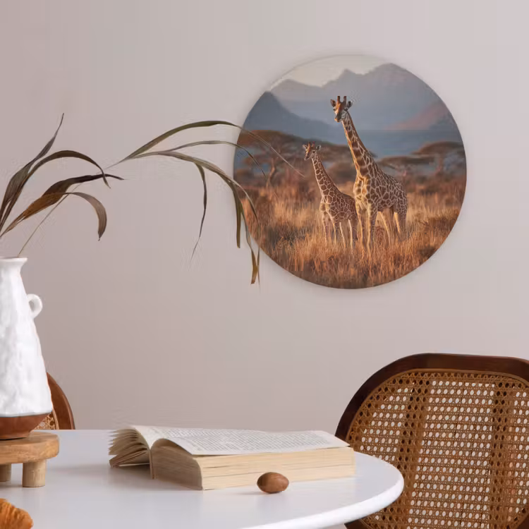 Giraffen - Hoog gras - Acaciabomen Akoestische PET Vilt - Rond klein -sfeer3