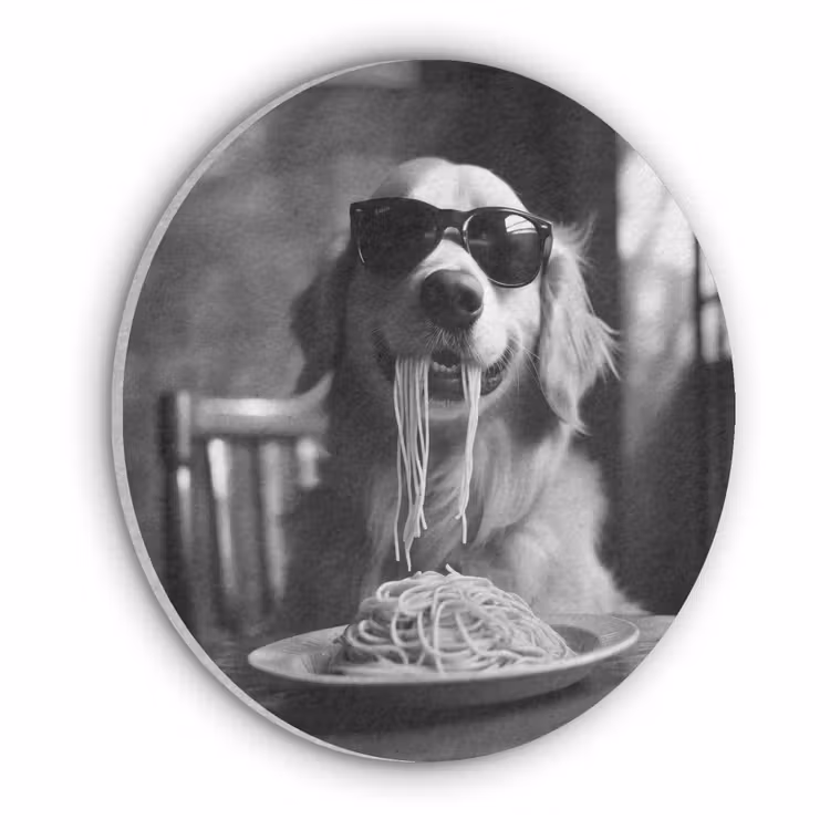 Golden Retriever - Hond - Vrolijk -  Bord spaghetti - Zwart - wit Akoestische PET Vilt - Rond klein -3d
