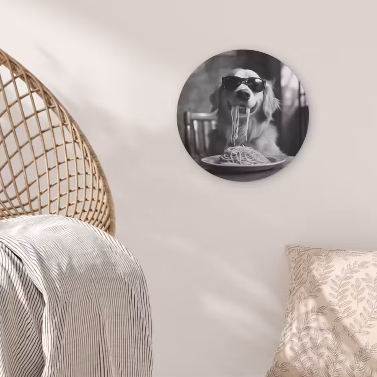 Golden Retriever - Hond - Vrolijk -  Bord spaghetti - Zwart - wit Akoestische PET Vilt - Rond klein -sfeer4