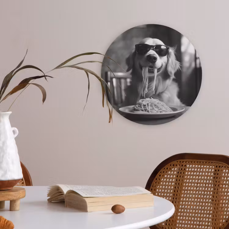Golden Retriever - Hond - Vrolijk -  Bord spaghetti - Zwart - wit Akoestische PET Vilt - Rond klein -sfeer3