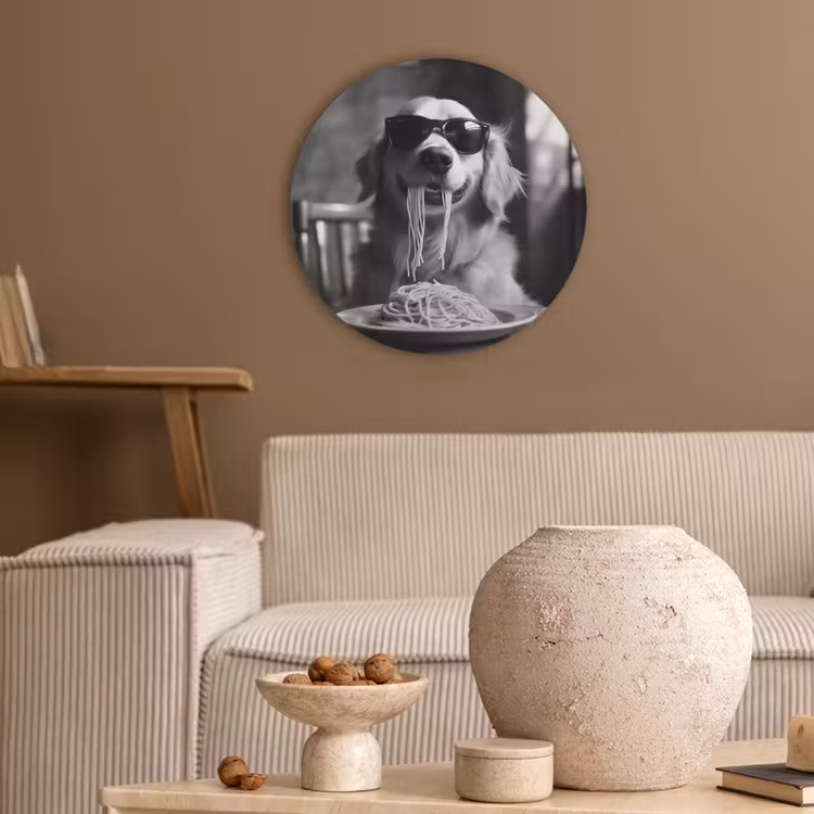 Golden Retriever - Hond - Vrolijk -  Bord spaghetti - Zwart - wit Akoestische PET Vilt - Rond klein -sfeer1