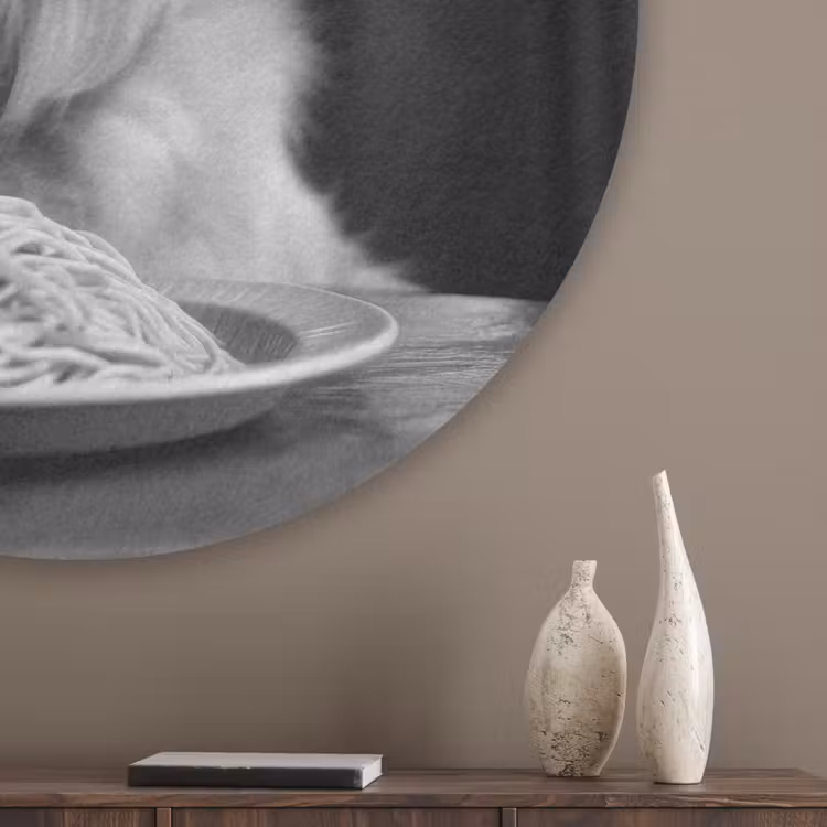 Golden Retriever - Hond - Vrolijk -  Bord spaghetti - Zwart - wit Akoestische PET Vilt - Rond klein -sfeer5_closeup