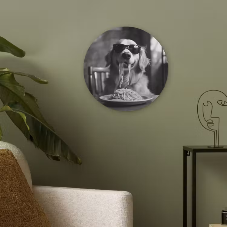 Golden Retriever - Hond - Vrolijk -  Bord spaghetti - Zwart - wit Akoestische PET Vilt - Rond klein -sfeer2
