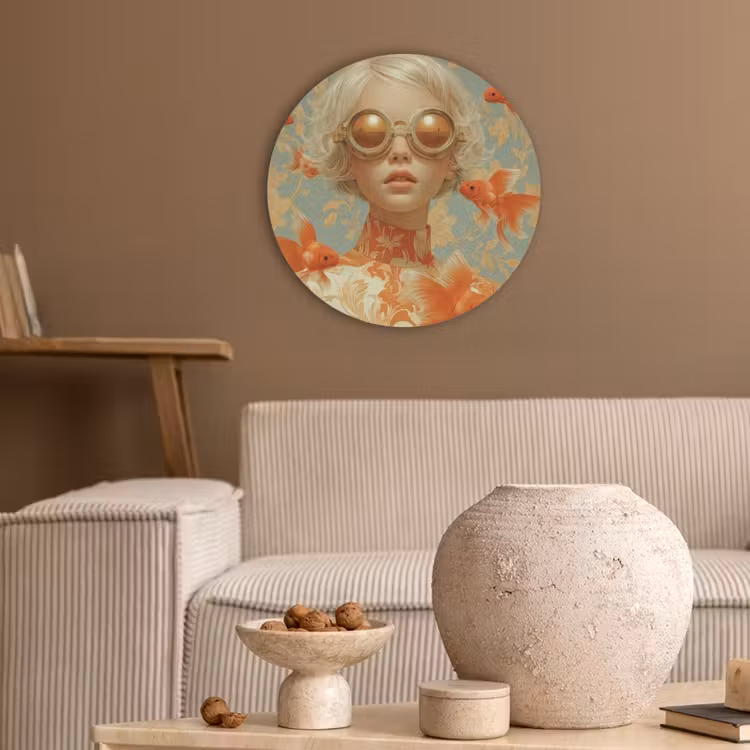 Goudvissen - Oranje - Vrouw - Blond Akoestische PET Vilt - Rond klein -sfeer1