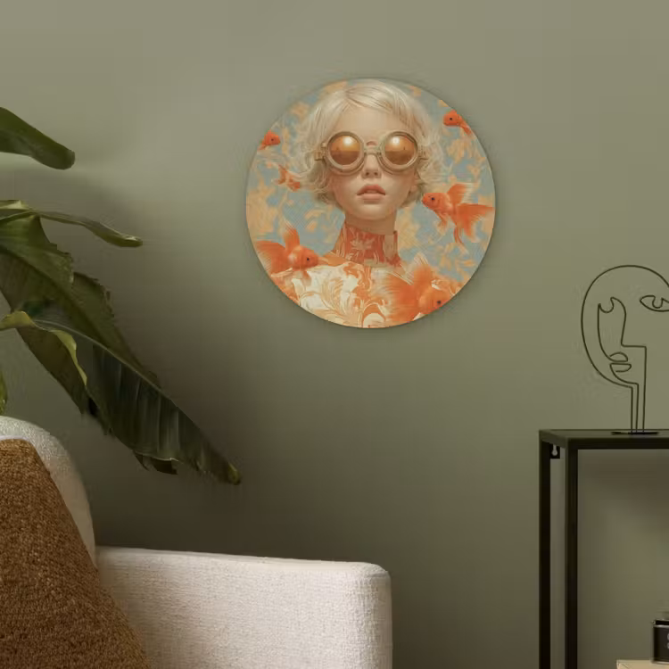 Goudvissen - Oranje - Vrouw - Blond Akoestische PET Vilt - Rond klein -sfeer2