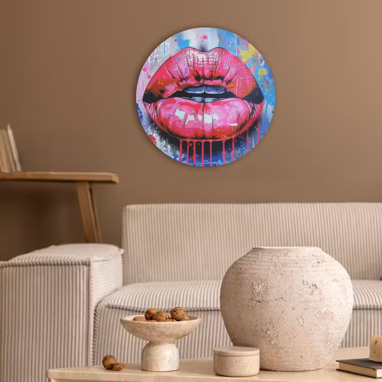 Graffiti - Lippen - Felroze - Geschilderd Akoestische PET Vilt - Rond klein -sfeer1