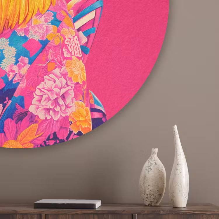 Haan - Kleurrijk - Kimono - Roze Akoestische PET Vilt - Rond klein -sfeer5_closeup