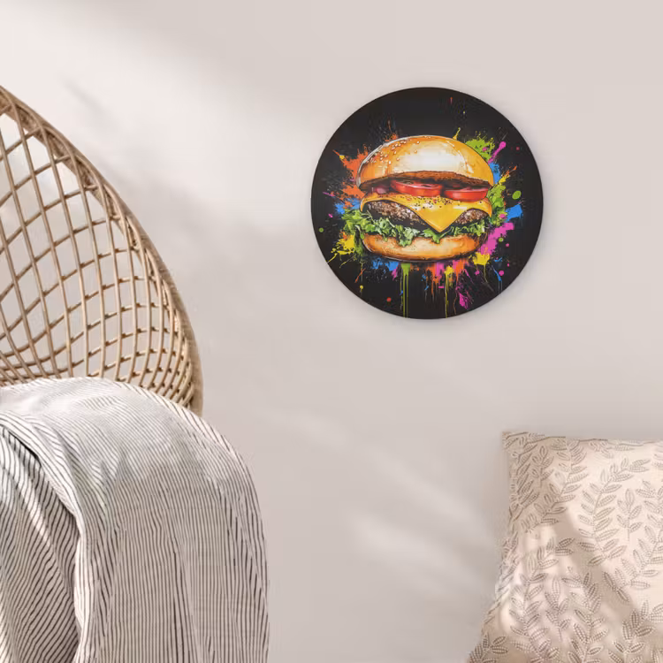 Hamburger - Graffiti - Verf - Kleurrijk - Eten - Abstract Akoestische PET Vilt - Rond klein -sfeer4