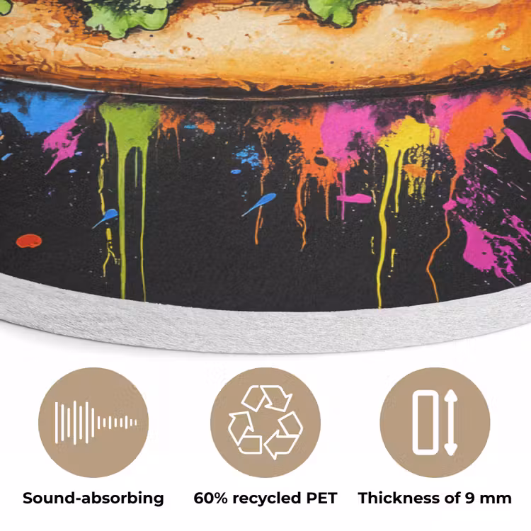Hamburger - Graffiti - Verf - Kleurrijk - Eten - Abstract Akoestische PET Vilt - Rond klein -closeup_NL