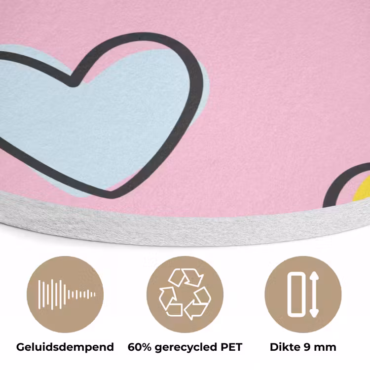 Hartjes - Valentijn - Patroon - Kleurrijk Akoestische PET Vilt - Rond klein -closeup_NL