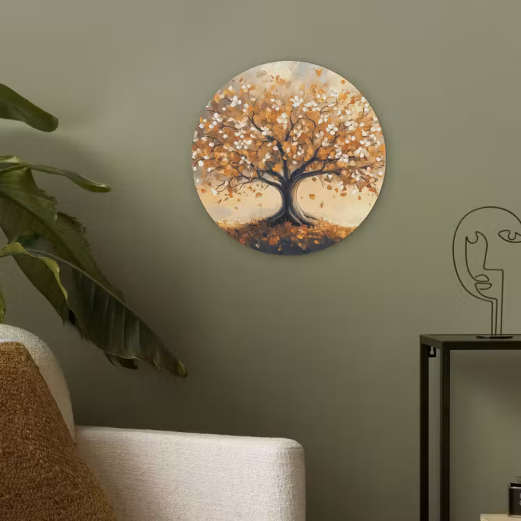 Herfst - Boom - Oranje - Bladeren - Levensboom - Abstract Akoestische PET Vilt - Rond klein -sfeer2
