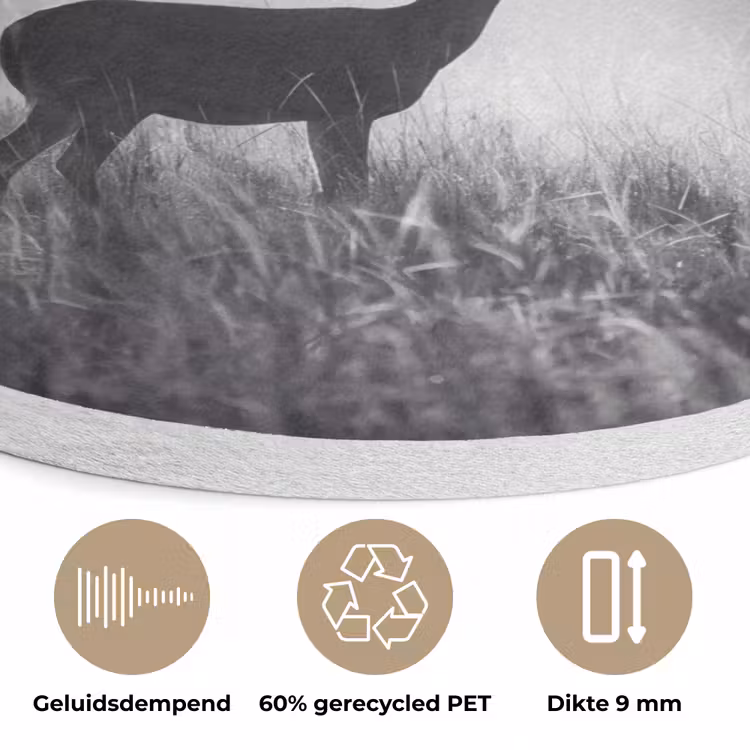 Hert - Bos - Zonnestralen - Zwart-wit - Natuur Akoestische PET Vilt - Rond klein -closeup_NL