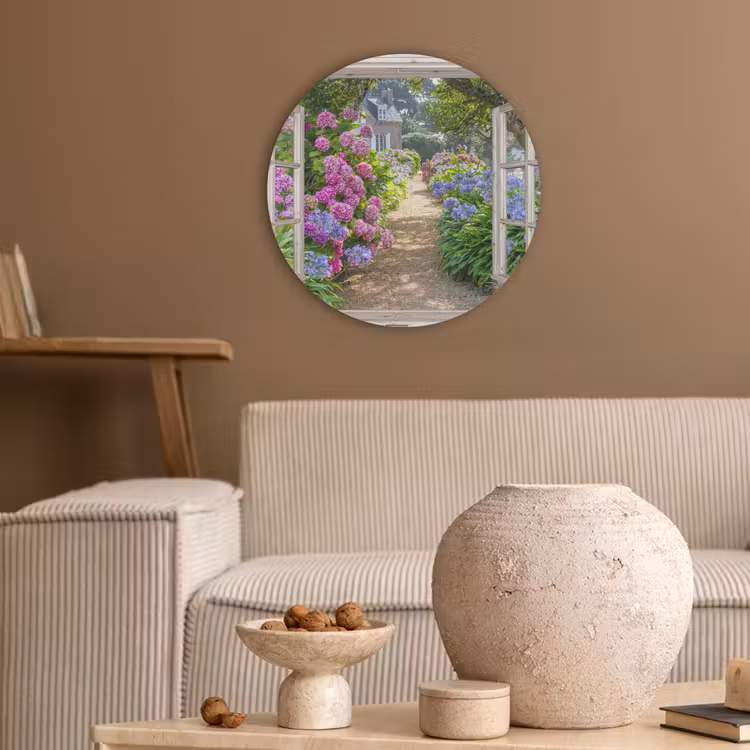 Hortensia - Doorkijk - Bloemen - Zomer - Paars - Pad Akoestische PET Vilt - Rond klein -sfeer1