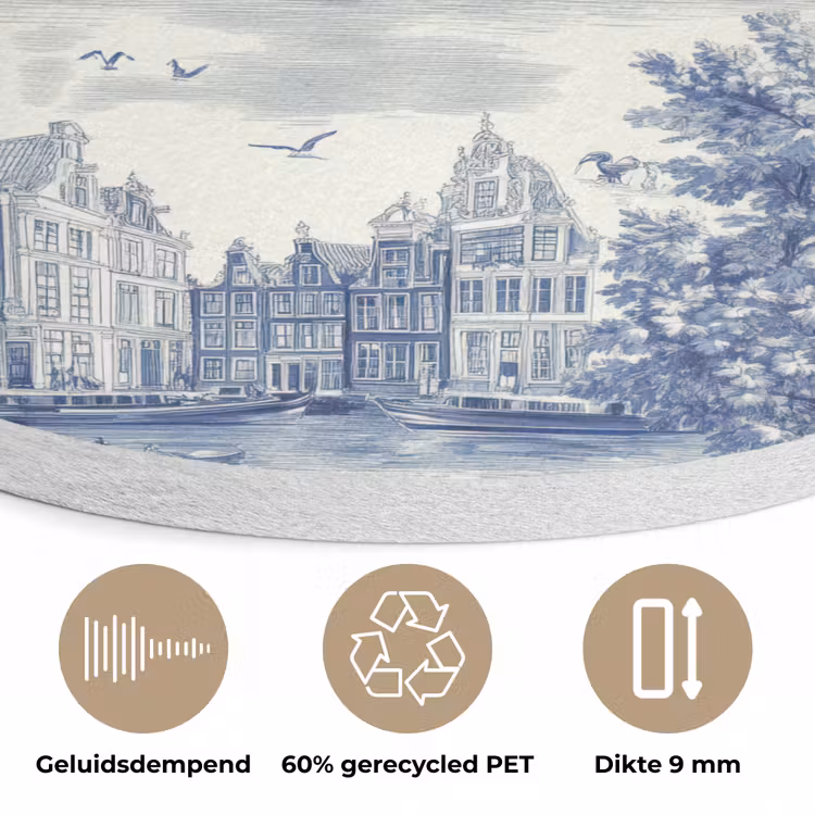 Huizen - Bomen - Water - Vogels - Blauw Akoestische PET Vilt - Rond klein 838 -closeup_NL