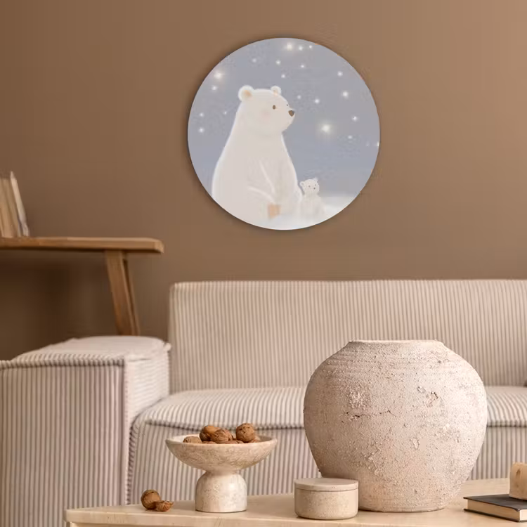 Ijsbeer - Sneeuw - Sterren - Blauw Akoestische PET Vilt - Rond klein -sfeer1
