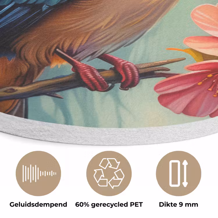 IJsvogel - Bloesem - Natuur - Vogels - Bloemen Akoestische PET Vilt - Rond klein -closeup_NL