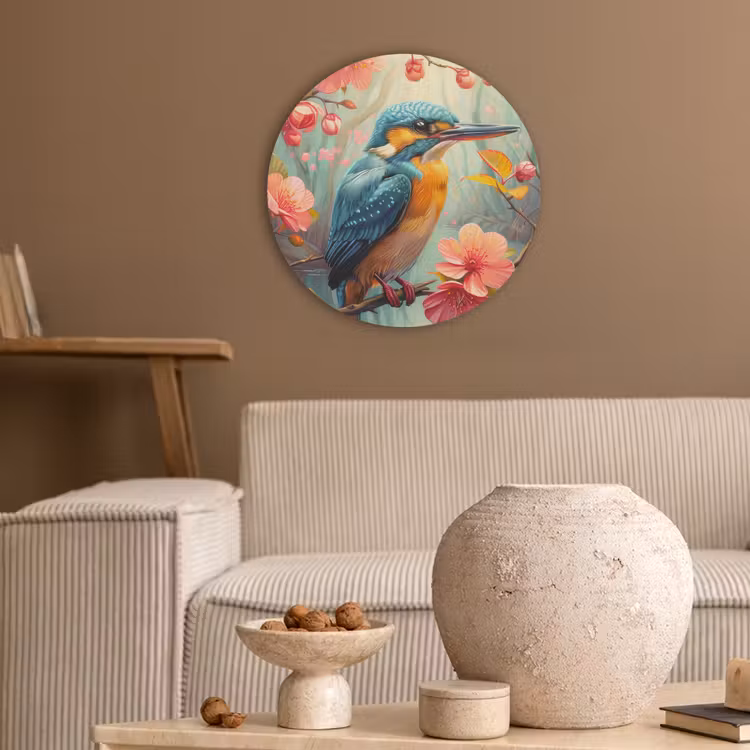 IJsvogel - Bloesem - Natuur - Vogels - Bloemen Akoestische PET Vilt - Rond klein -sfeer1