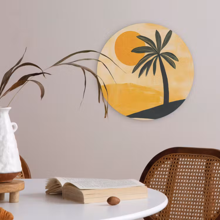Illustratie - Palmboom - Zon - Heuvels Akoestische PET Vilt - Rond klein -sfeer3