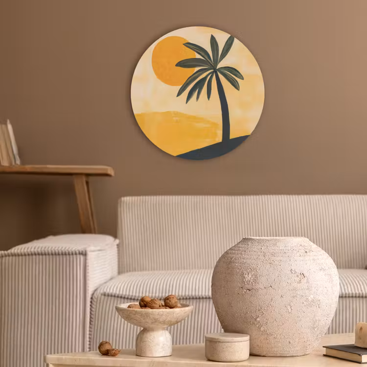 Illustratie - Palmboom - Zon - Heuvels Akoestische PET Vilt - Rond klein -sfeer1