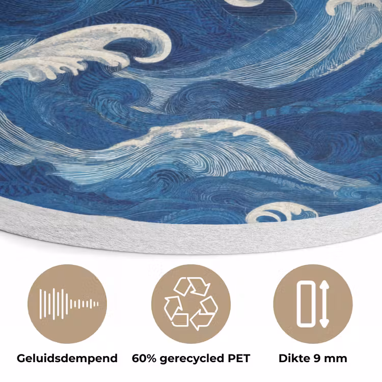 Japans - Oceaan - Golven - Blauw Akoestische PET Vilt - Rond klein 838 -closeup_NL