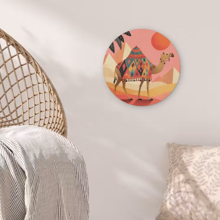 Kameel - Pyramides - Rode zon Akoestische PET Vilt - Rond klein -sfeer4
