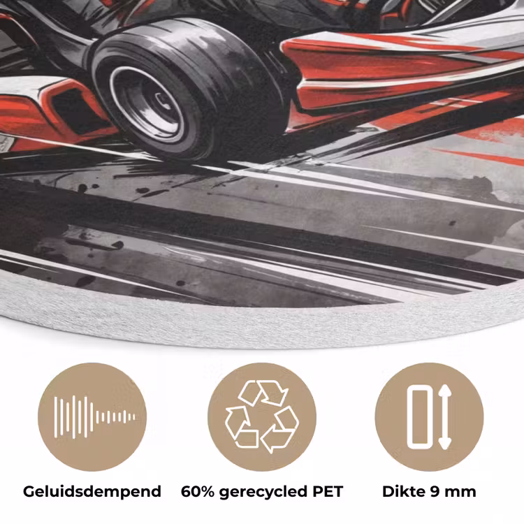 Kart - Coureur - Snelheid - Rood Akoestische PET Vilt - Rond klein -closeup_NL