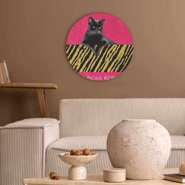 Kat - Baas - Roze - Tijgerprint Akoestische PET Vilt - Rond klein -sfeer1
