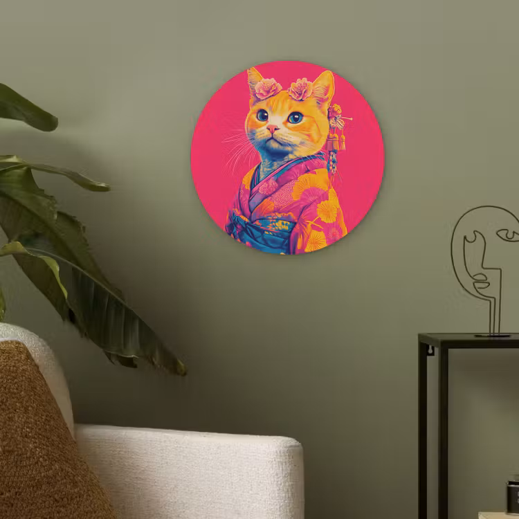 Kat - Kimono - Bloemen - Roze Akoestische PET Vilt - Rond klein -sfeer2