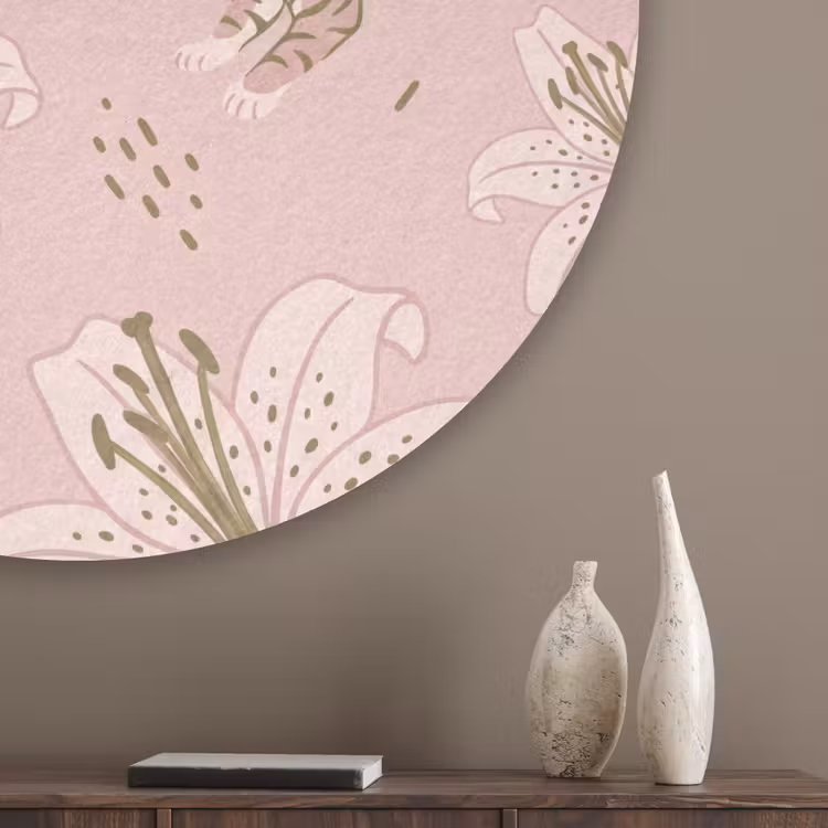 Kat - Springend - Bloemen - Abstract - Roze Akoestische PET Vilt - Rond klein -sfeer5_closeup