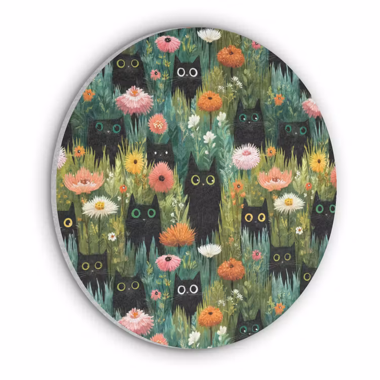 Katten - Bloemen - Kleurrijk Akoestische PET Vilt - Rond klein 838 -3d