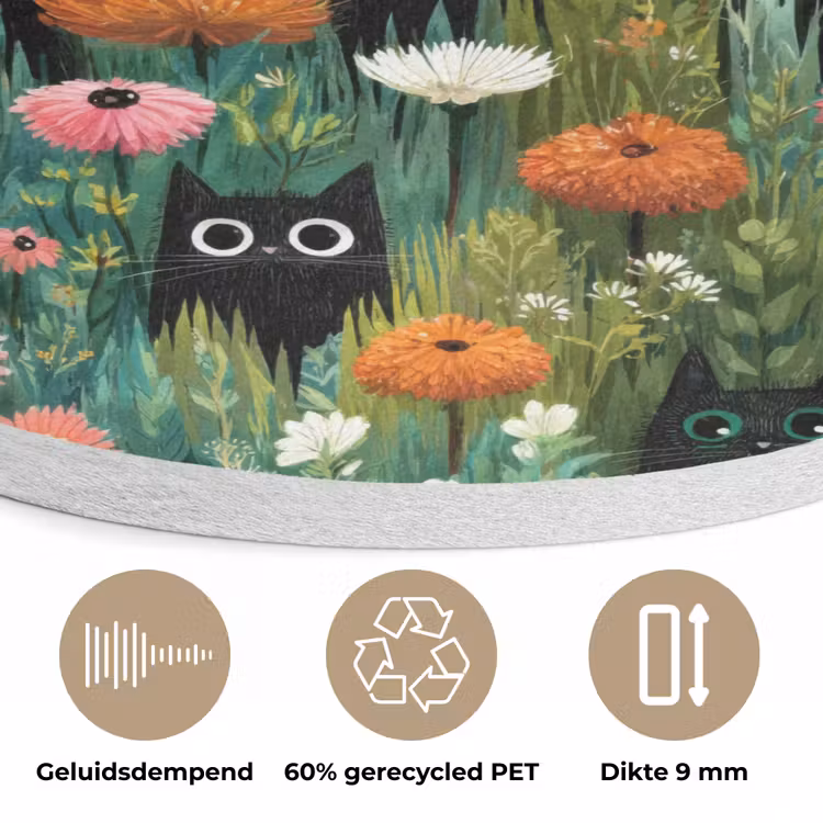 Katten - Bloemen - Kleurrijk Akoestische PET Vilt - Rond klein 838 -closeup_NL