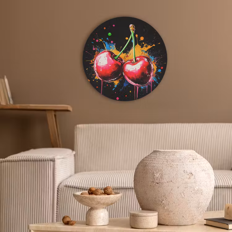 Kersen - Fruit - Graffiti - Verf - Abstract - Modern - Kleurrijk Akoestische PET Vilt - Rond klein -sfeer1