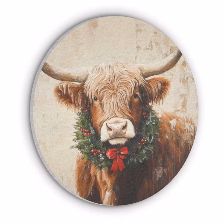 Kerst - Schotse Hooglander - Bruin - Krans Akoestische PET Vilt - Rond klein -3d