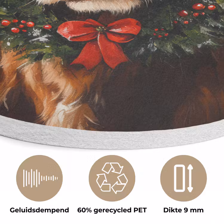 Kerst - Schotse Hooglander - Bruin - Krans Akoestische PET Vilt - Rond klein -closeup_NL