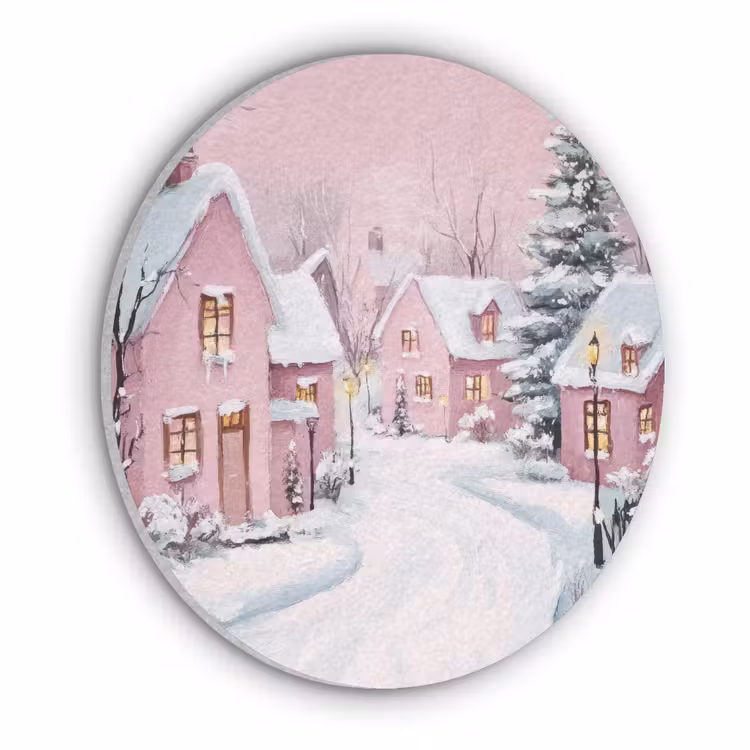 Kerstdorp - Roze - Winter - Sneeuw - Huizen Akoestische PET Vilt - Rond klein -3d