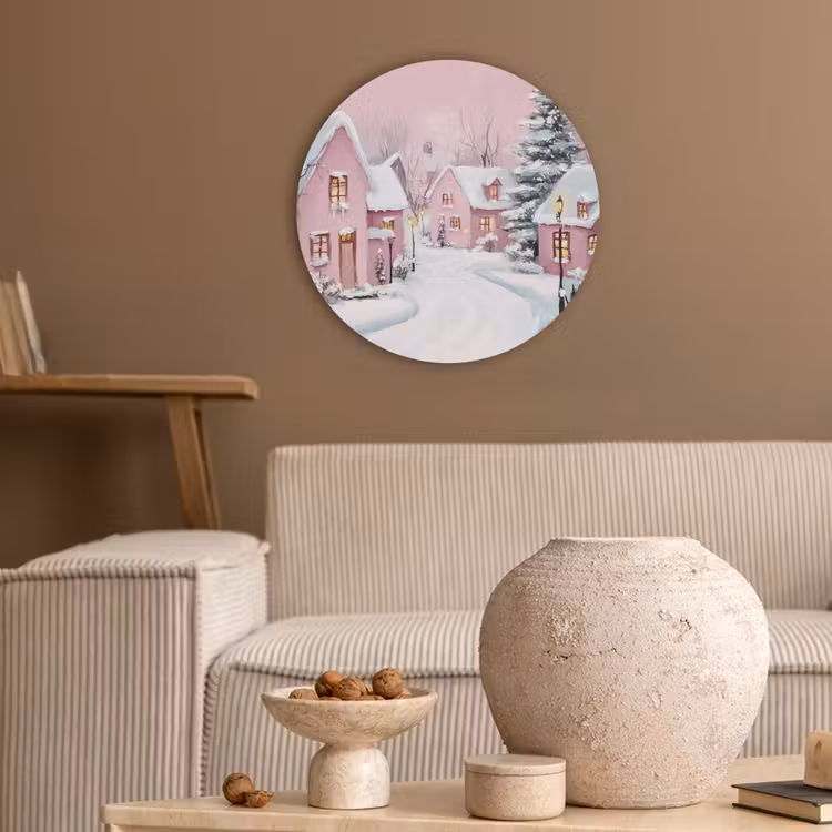 Kerstdorp - Roze - Winter - Sneeuw - Huizen Akoestische PET Vilt - Rond klein -sfeer1