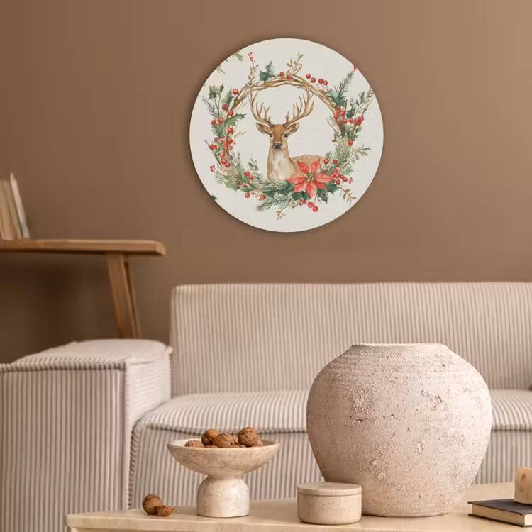 Kerstkrans - Hert - Hulst - Rood Akoestische PET Vilt - Rond klein -sfeer1