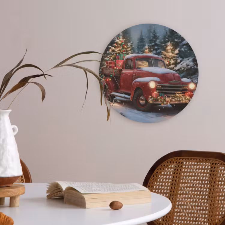Kersttruck - Sneeuwbos - Rood Akoestische PET Vilt - Rond klein -sfeer3