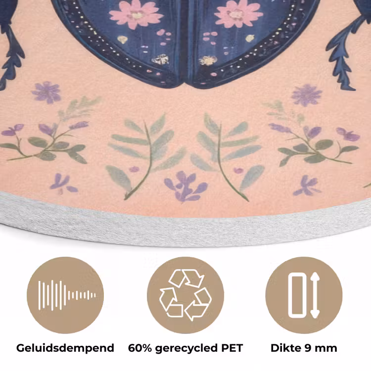 Kever - Donkerblauw - Bloemen - Sierlijk Akoestische PET Vilt - Rond klein -closeup_NL